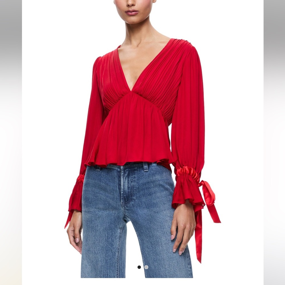 Alice + Olivia Clarissa Red V-Neck Pleated Long-Sleeve Top - Women NWT size M